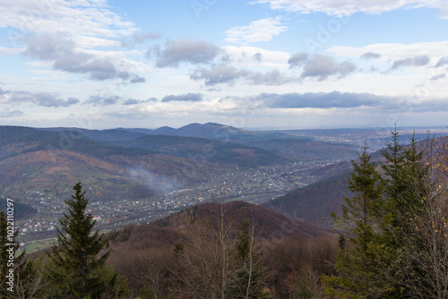 Aerial top view of a beautiful mountain village Yaremche in Carpathian mountains, Western Ukraine. Beautiful landscapes and nature.