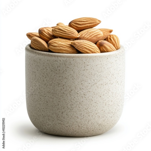 Almonds in Glazed Ceramic Container on White Background