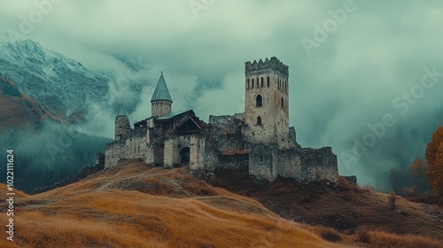 Ancient Castle Ruins in Misty Mountain Landscape