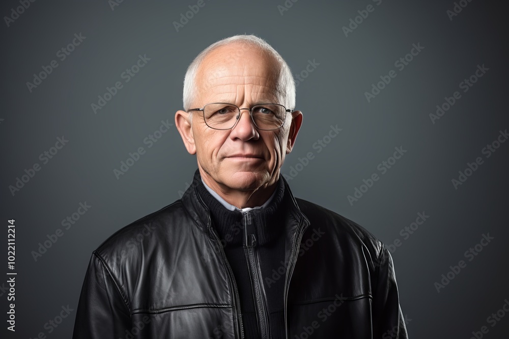 Portrait of a senior man wearing a leather jacket and glasses. Portrait of a senior man wearing a leather jacket and glasses.