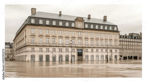 A large classical building in a city square, flooded with brown water.