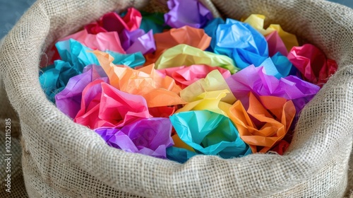 Colorful Paper Flowers in a Burlap Bag