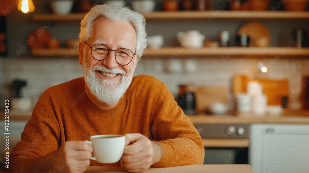 Elderly Man Enjoying Coffee in Cozy Kitchen, AI Elderly Man Enjoying Coffee in Cozy Kitchen, AI