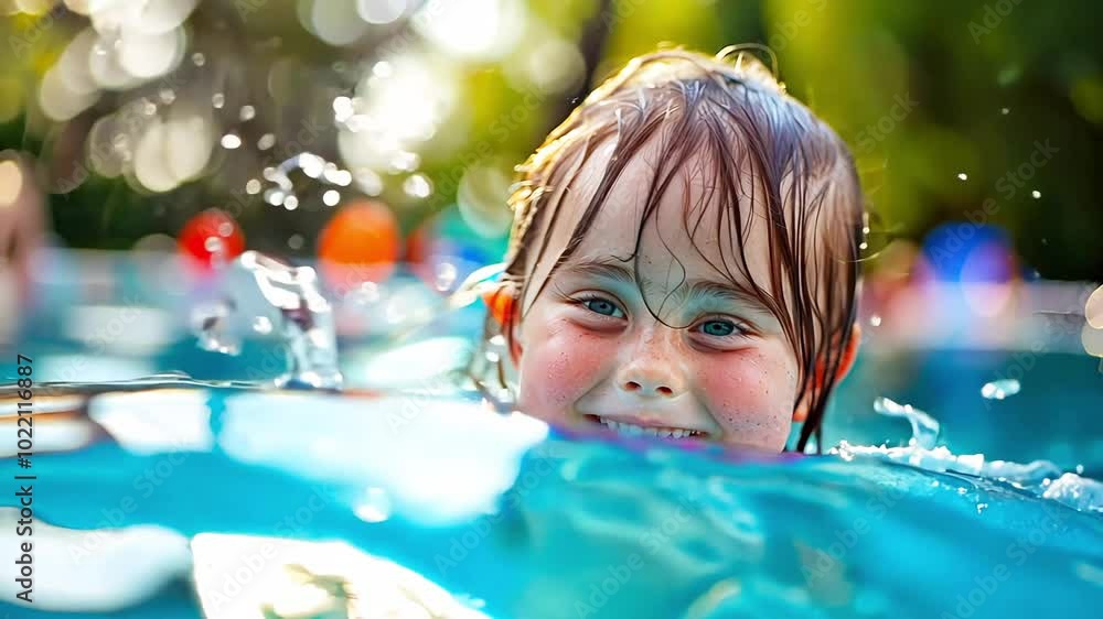 Joyful special child with Down syndrome swims in sunlit pool with colorful summer reflections Joyful special child with Down syndrome swims in sunlit pool with colorful summer reflections