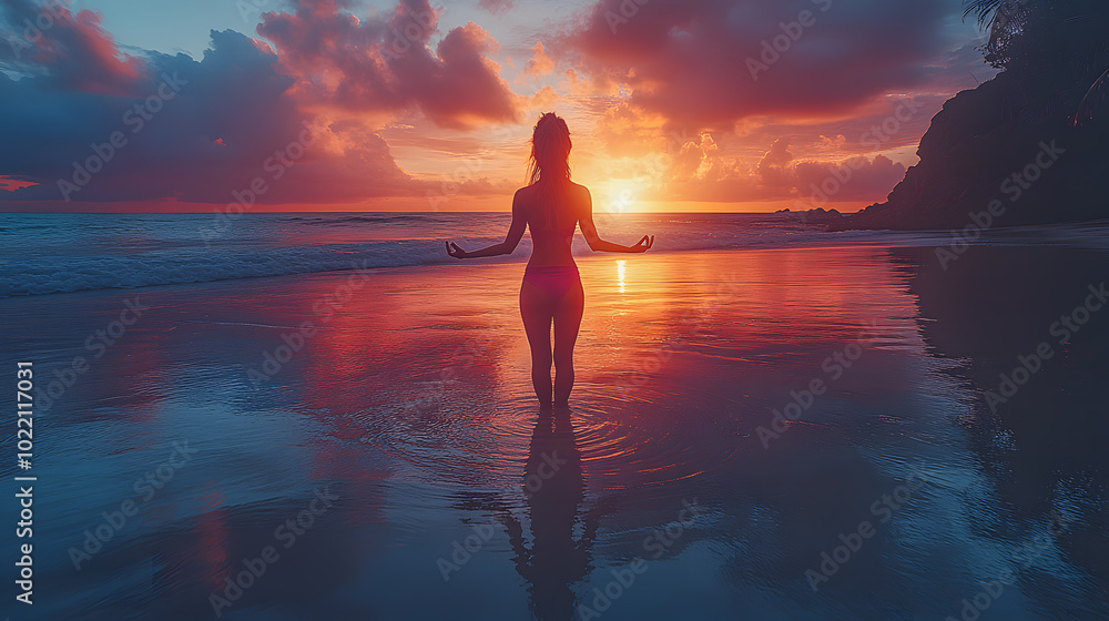 Fototapeta premium Sunset Yoga on a Serene Beach with Waves and Calming Meditation Pose