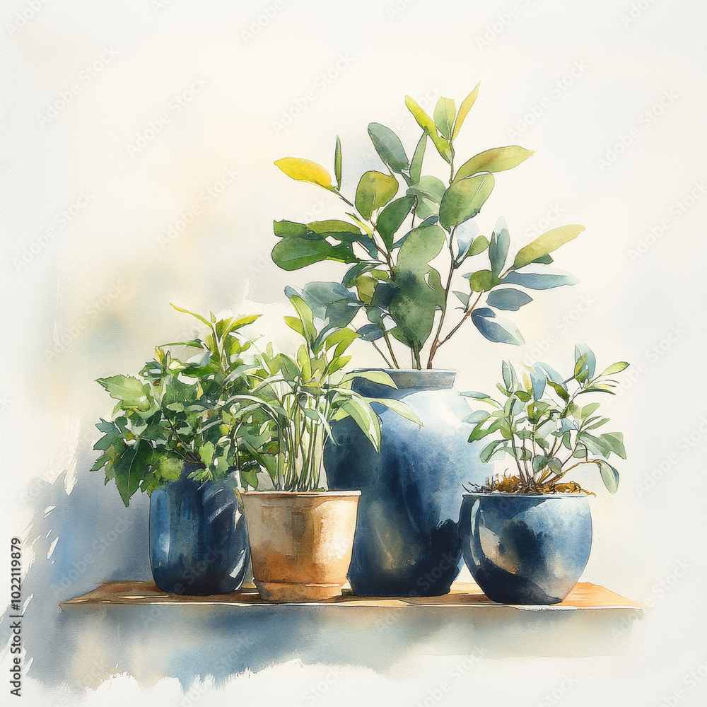 A watercolor painting of a collection of house plants in different ceramic pots, with soft, flowing washes and visible brushstrokes. Include subtle details like textured leaves and faint shadows A watercolor painting of a collection of house plants in different ceramic pots, with soft, flowing washes and visible brushstrokes. Include subtle details like textured leaves and faint shadows