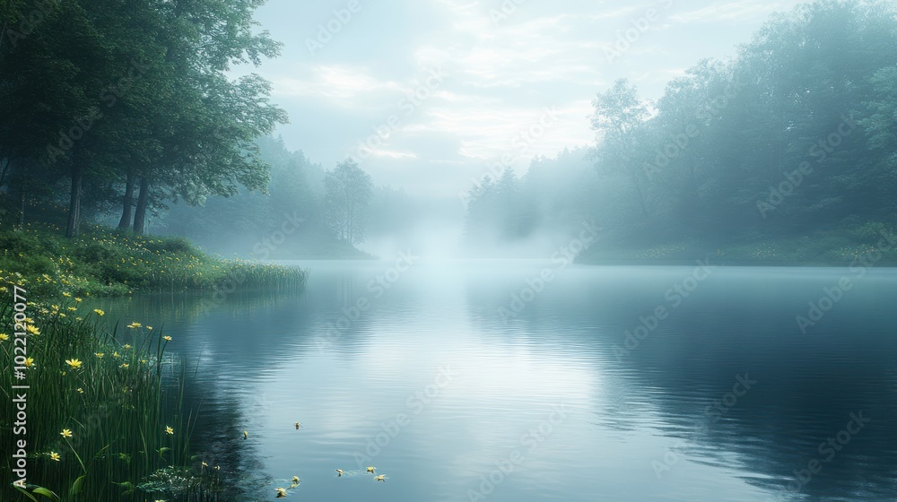 Serene misty lake surrounded by trees and soft light. Serene misty lake surrounded by trees and soft light.