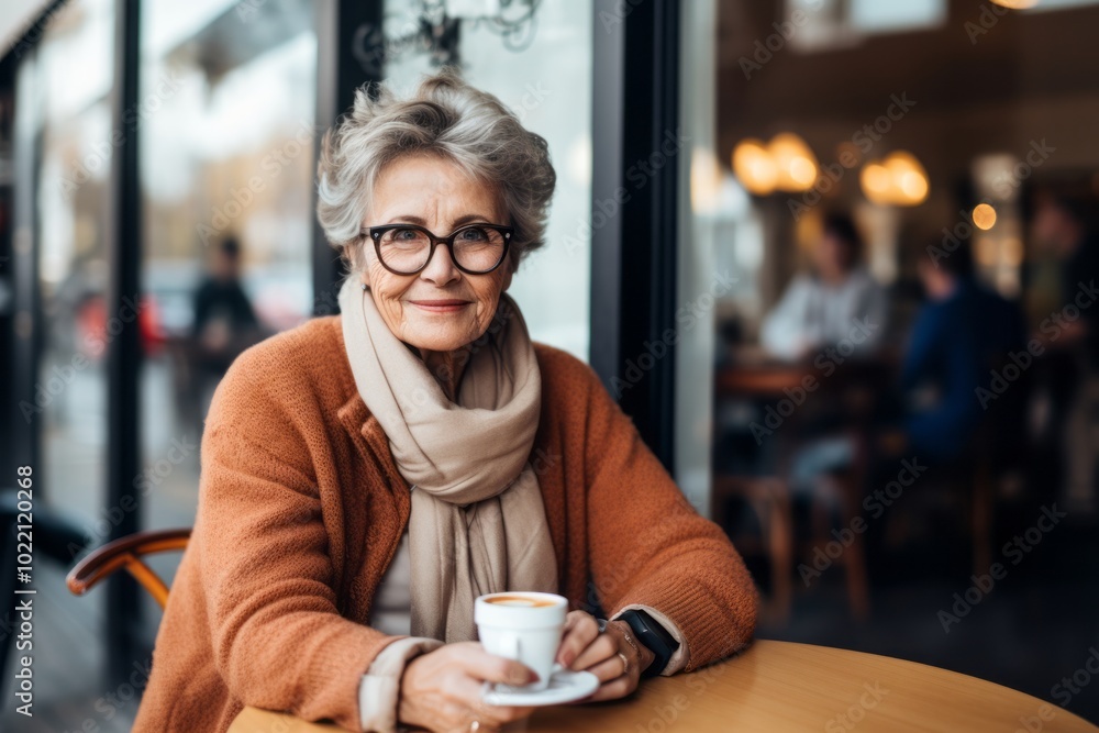 senior woman in eyeglasses holding cup of coffee in cafe senior woman in eyeglasses holding cup of coffee in cafe