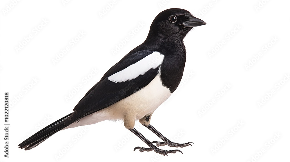 Fototapeta premium Elegant Magpie Perched Gracefully, Showcasing Its Distinctive Black and White Plumage Against a Natural Backdrop, Symbolizing Intelligence and Curiosity in the Wild