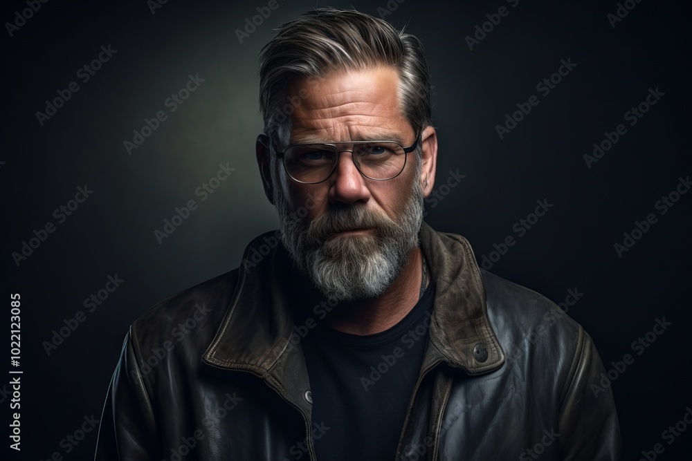 Portrait of a handsome bearded man with glasses and a leather jacket on a dark background. Portrait of a handsome bearded man with glasses and a leather jacket on a dark background.