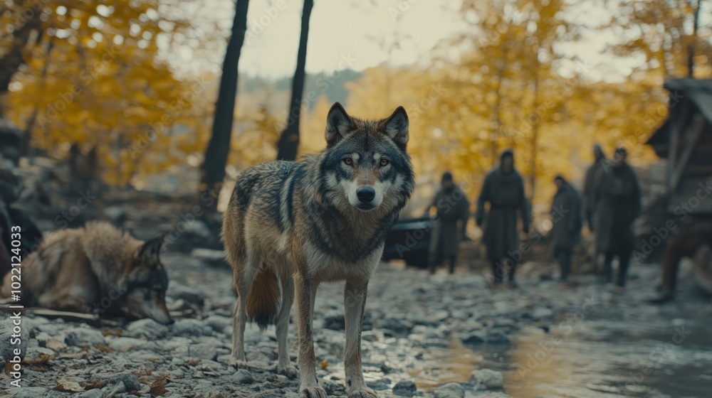 A lone wolf stands guard in a forest, a group of people in the background. A lone wolf stands guard in a forest, a group of people in the background.