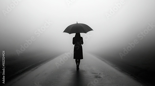 A silhouette of a person holding an umbrella, walking down a foggy road, captured in black-and-white.