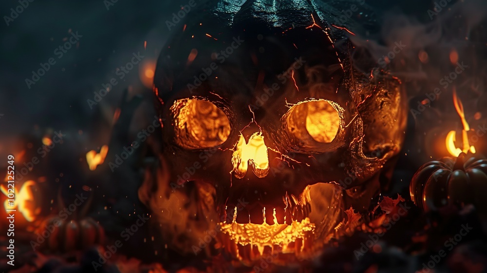 Fiery Skull and Pumpkins in a Dark and Smoky Setting Fiery Skull and Pumpkins in a Dark and Smoky Setting