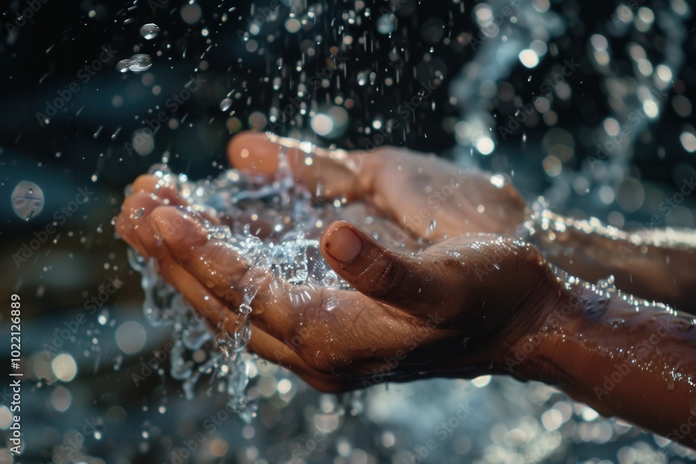 Fototapeta premium Hands are thoroughly washed under a stream of clear water, highlighting the significance of maintaining proper hygiene practices. Generative AI