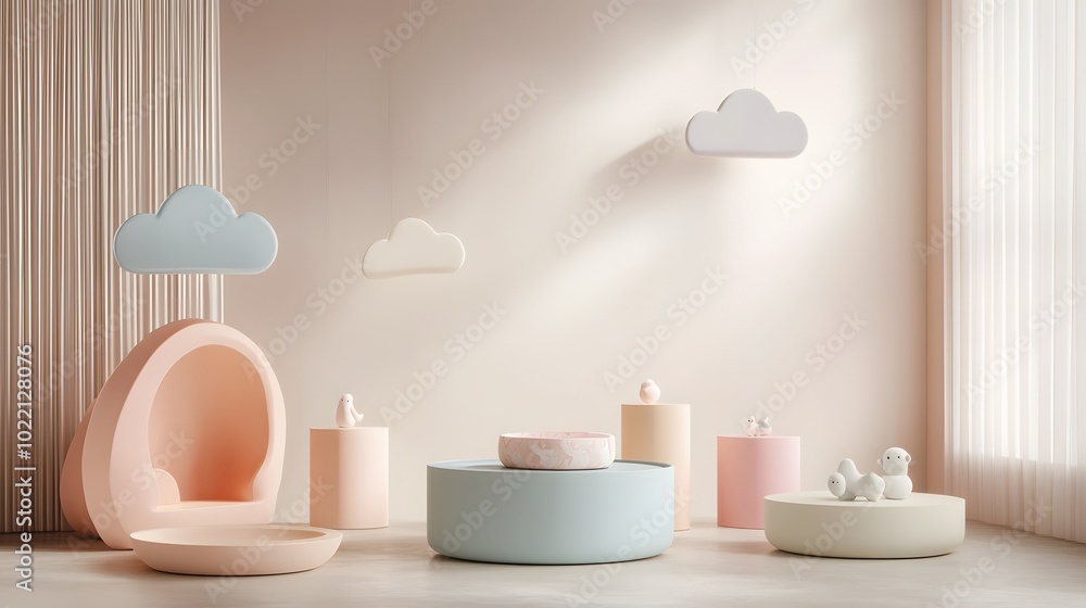 3. **Imagine a delightful 3D rendered display featuring pastel-colored geometric podiums, each with smooth, whimsical forms. The dreamy lighting should enhance the overall softness of the scene, 3. **Imagine a delightful 3D rendered display featuring pastel-colored geometric podiums, each with smooth, whimsical forms. The dreamy lighting should enhance the overall softness of the scene,