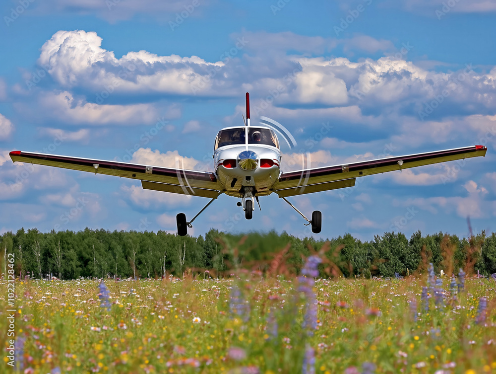 A small white plane is flying through a field of flowers. The sky is clear and the sun is shining brightly