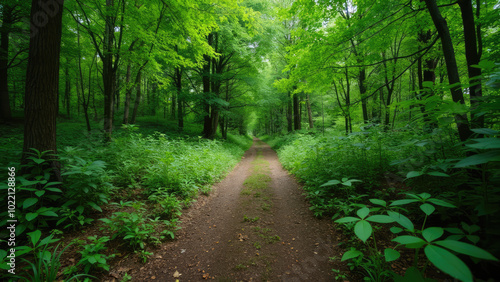 A tranquil dirt path leading through a lush green forest on a bright day in early summer. Generative AI