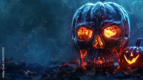 Wallpaper Mural Glowing Skull Pumpkin with Smoke and Leaves Torontodigital.ca