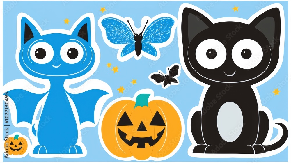 Colorful Halloween Characters with Bat, Cat, and Pumpkin Colorful Halloween Characters with Bat, Cat, and Pumpkin