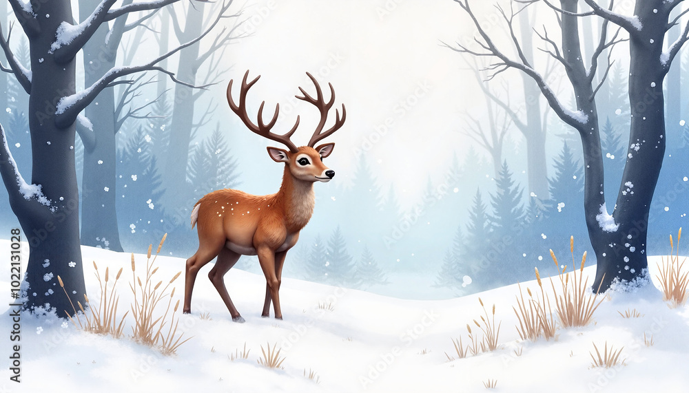 Illustration of a deer standing in a snowy winter landscape surrounded by frosty trees and gentle snowfall Illustration of a deer standing in a snowy winter landscape surrounded by frosty trees and gentle snowfall
