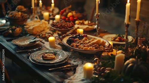 Festive dinner table with candles, delicious holiday dishes, and warm lighting for merry christmas and happy new year celebration ai