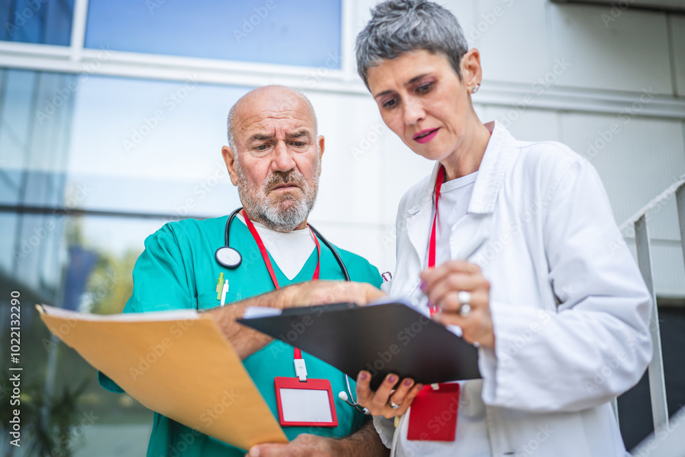 Two doctors check information from clipboard and document on staircase Two doctors check information from clipboard and document on staircase