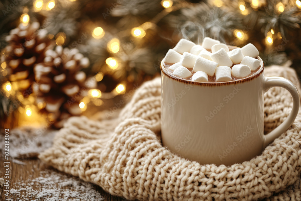 A mug of hot chocolate with marshmallows is sitting on a blanket A mug of hot chocolate with marshmallows is sitting on a blanket