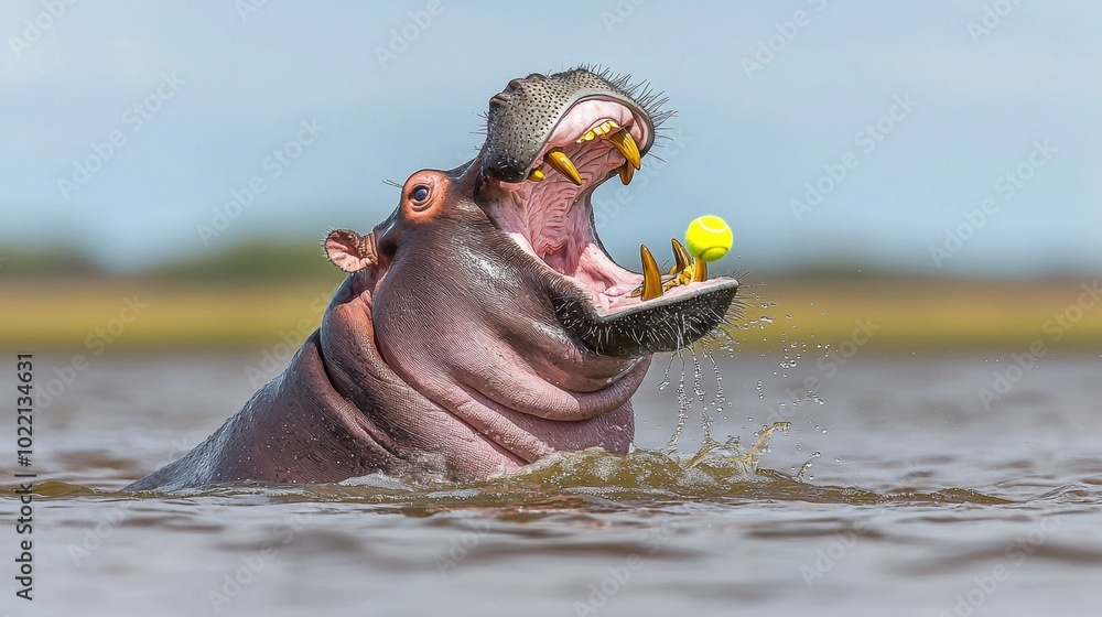 Fototapeta premium Hippopotamus with Tennis Ball Splashing in Water