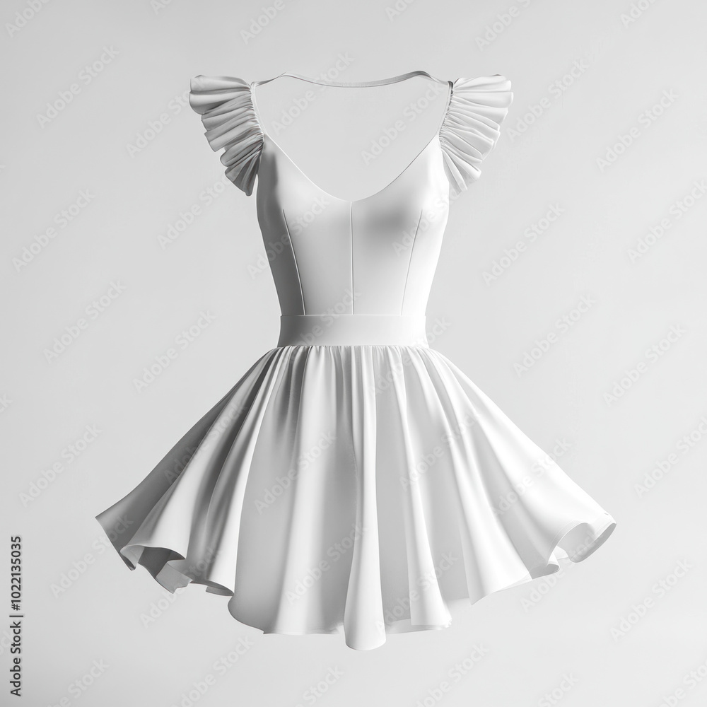 A white dress adorned with ruffles flowing elegantly in the breeze. A white dress adorned with ruffles flowing elegantly in the breeze.