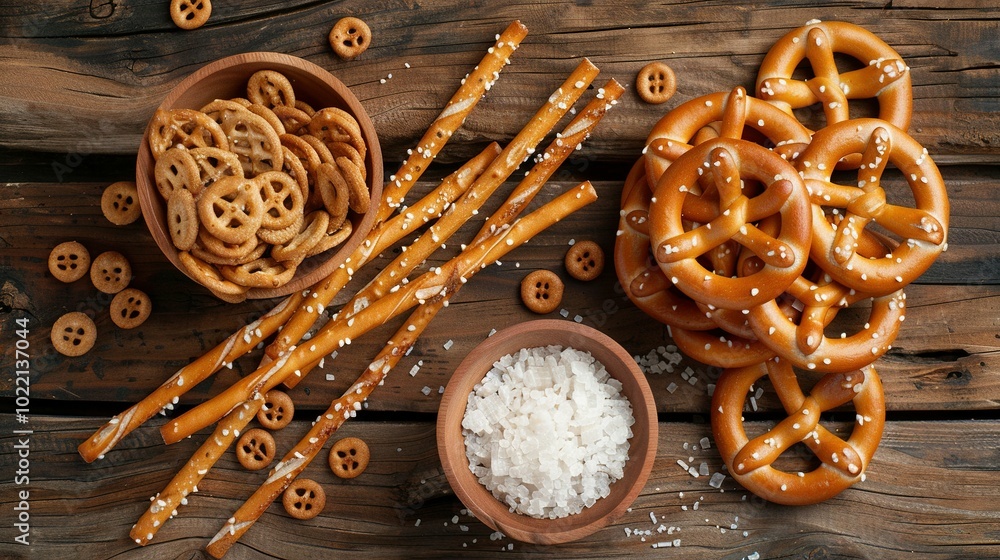 Pretzel Sticks, Pretzel Rings, and Sea Salt on Rustic Wood