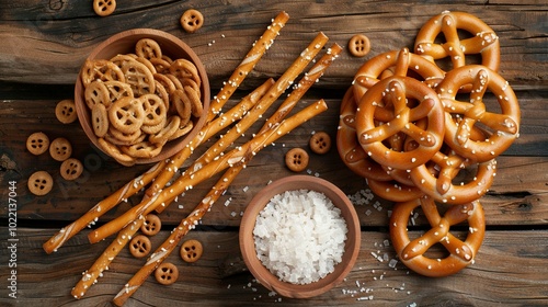 Obraz na płótnie Pretzel Sticks, Pretzel Rings, and Sea Salt on Rustic Wood w salonie
