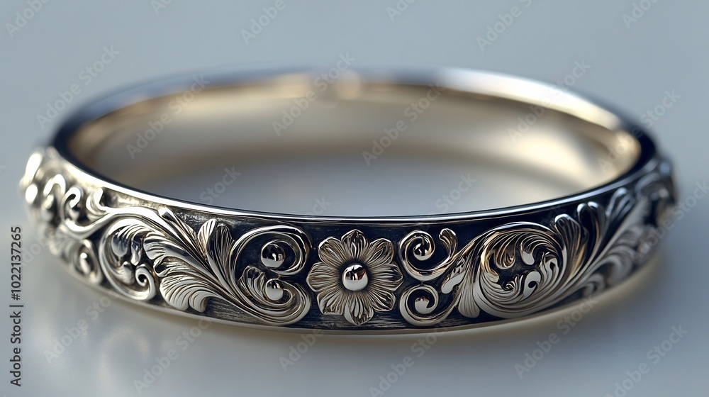 Silver bracelet with engraved patterns isolated on a white background designed for minimalist jewelry displays Silver bracelet with engraved patterns isolated on a white background designed for minimalist jewelry displays