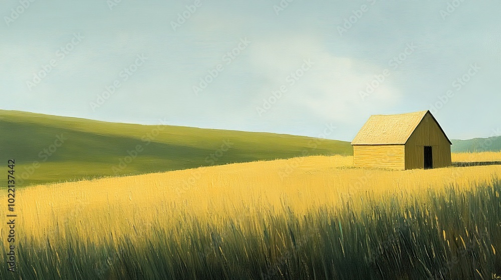 A tranquil countryside scene with a yellow barn standing alone in a field of green, the simplicity of the landscape evoking peace and solitude. A tranquil countryside scene with a yellow barn standing alone in a field of green, the simplicity of the landscape evoking peace and solitude.