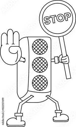 traffic light stop cartoon character line art vector illustration. outline, simple, hand drawn and sketch style. for icons, symbols, signs or logos