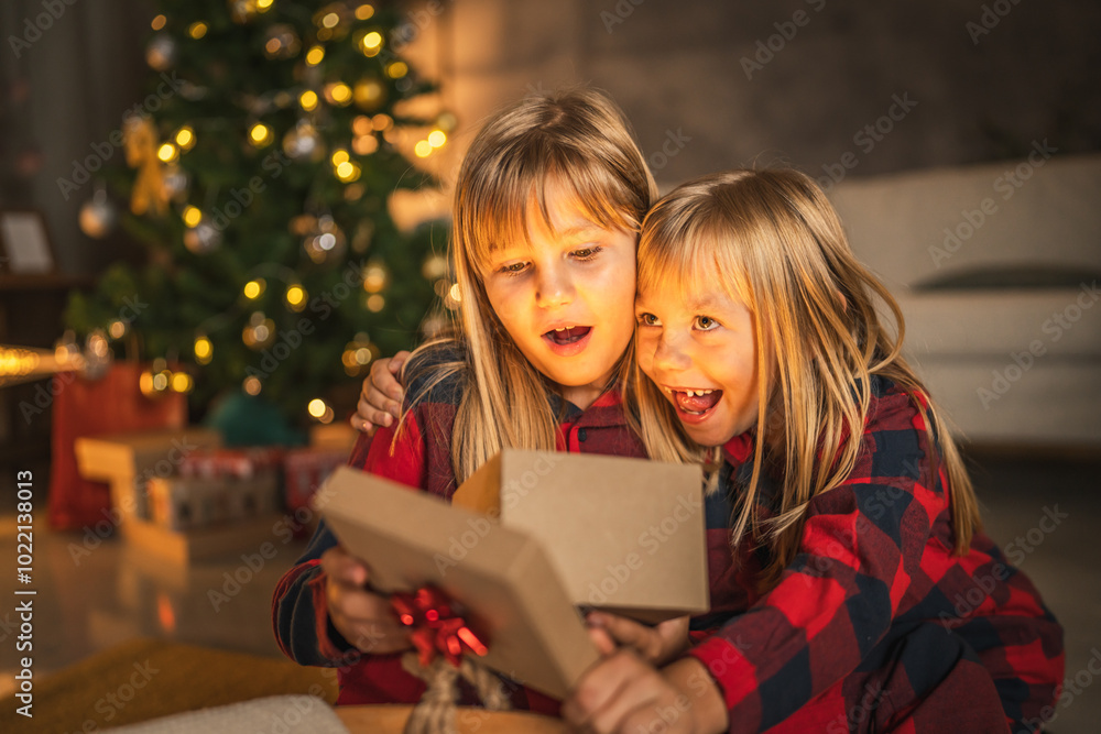 Sisters enjoy christmas gift in cozy living room setting Sisters enjoy christmas gift in cozy living room setting