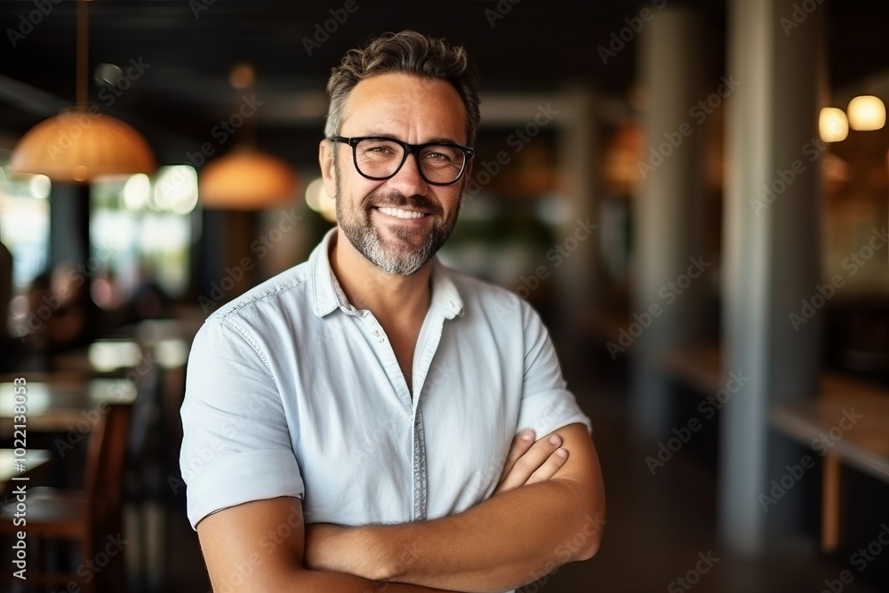 Portrait of a handsome mature man smiling with arms crossed in a restaurant Portrait of a handsome mature man smiling with arms crossed in a restaurant