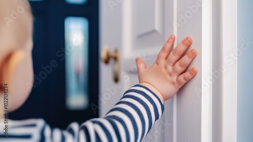 Toddler Reaching for Door in Striped Shirt, AI