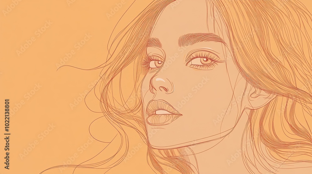A line art portrait of a woman with long hair and eyes. The artwork features delicate lines and a soft, solid background A line art portrait of a woman with long hair and eyes. The artwork features delicate lines and a soft, solid background