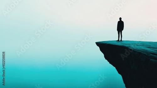 Silhouette of a Person Standing on a Cliff Edge Against a Blue Sky, AI photo