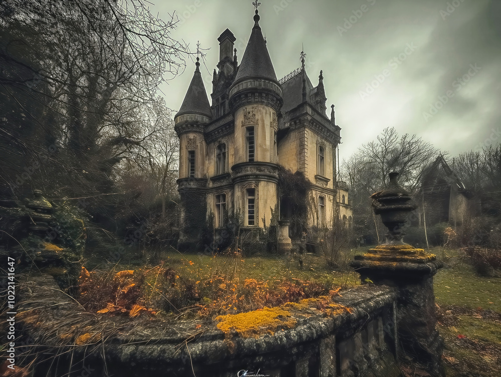 A large, old house with a garden in front of it. The house is surrounded by trees and has a stone wall. The garden has a fountain and some flowers. Scene is eerie and mysterious A large, old house with a garden in front of it. The house is surrounded by trees and has a stone wall. The garden has a fountain and some flowers. Scene is eerie and mysterious