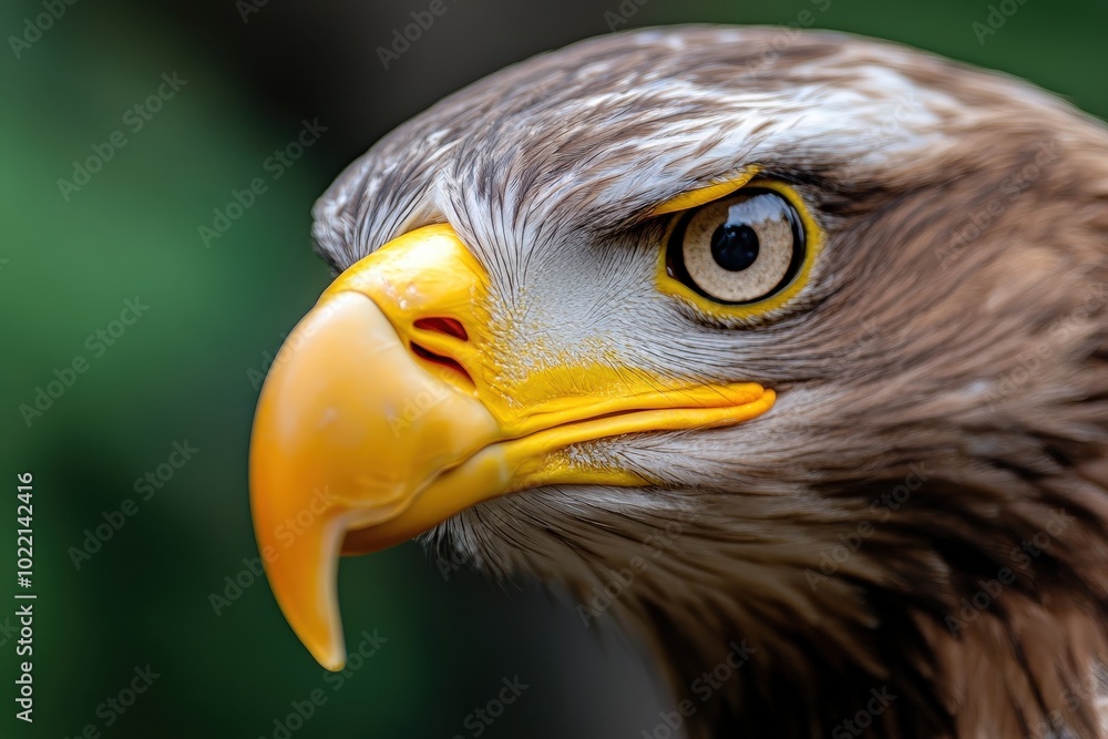 Fototapeta premium A close-up of a sharp-eyed eagle, showcasing its distinct feathers, piercing gaze, and prominent beak against a blurred green background.