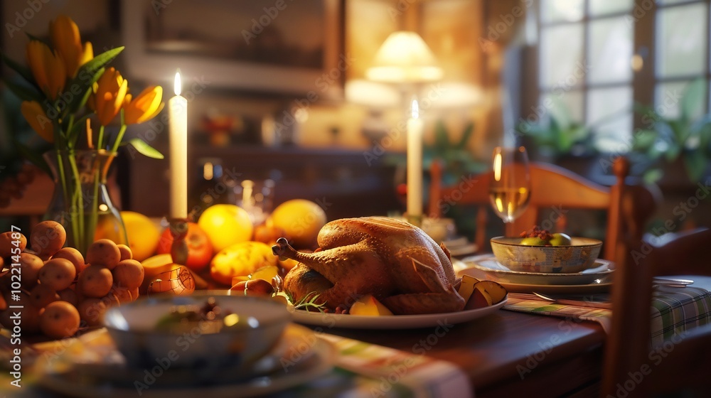 Fototapeta premium Family dinner scene with a roast chicken potatoes and vegetables served in a warm and inviting dining room