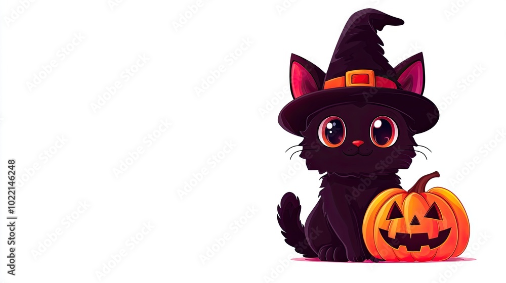 Halloween Background, Cute black cat in a witch hat next to a carved pumpkin, white isolate background Halloween Background, Cute black cat in a witch hat next to a carved pumpkin, white isolate background