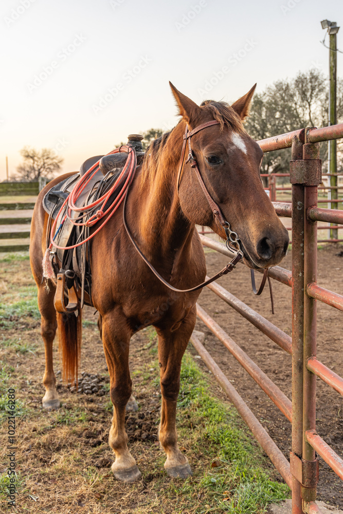 A bay horse with saddle and lariat, or lasso. A bay horse with saddle and lariat, or lasso.