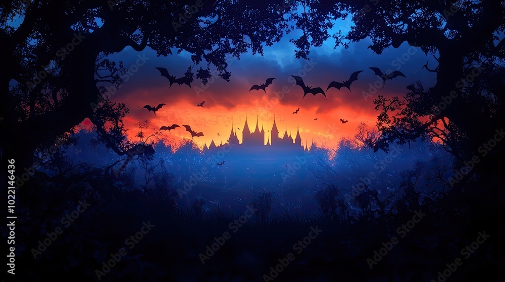 Halloween Background, Eerie silhouette of a castle at sunset surrounded by bats and dark trees. Halloween Background, Eerie silhouette of a castle at sunset surrounded by bats and dark trees.