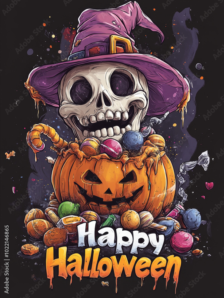 Whimsical Halloween Art for Kids Pumpkin Head Skull with Candy Delight Whimsical Halloween Art for Kids Pumpkin Head Skull with Candy Delight