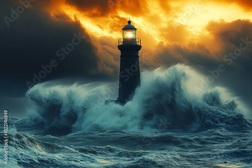 A lighthouse is in the middle of a rough sea