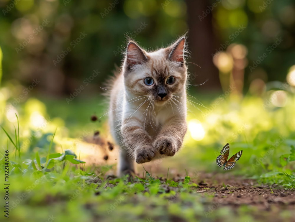 A kitten is running after a butterfly in a grassy field. The butterfly is fluttering away from the kitten, but the kitten is determined to catch it. The scene is lively and playful