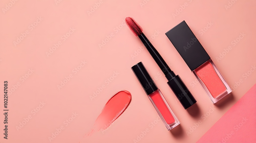 Obraz premium 1. **Create an overhead view of a liquid lipstick and applicator resting on a pink background, accompanied by a lip gloss tube and brush on a coral surface. The arrangement should be visually