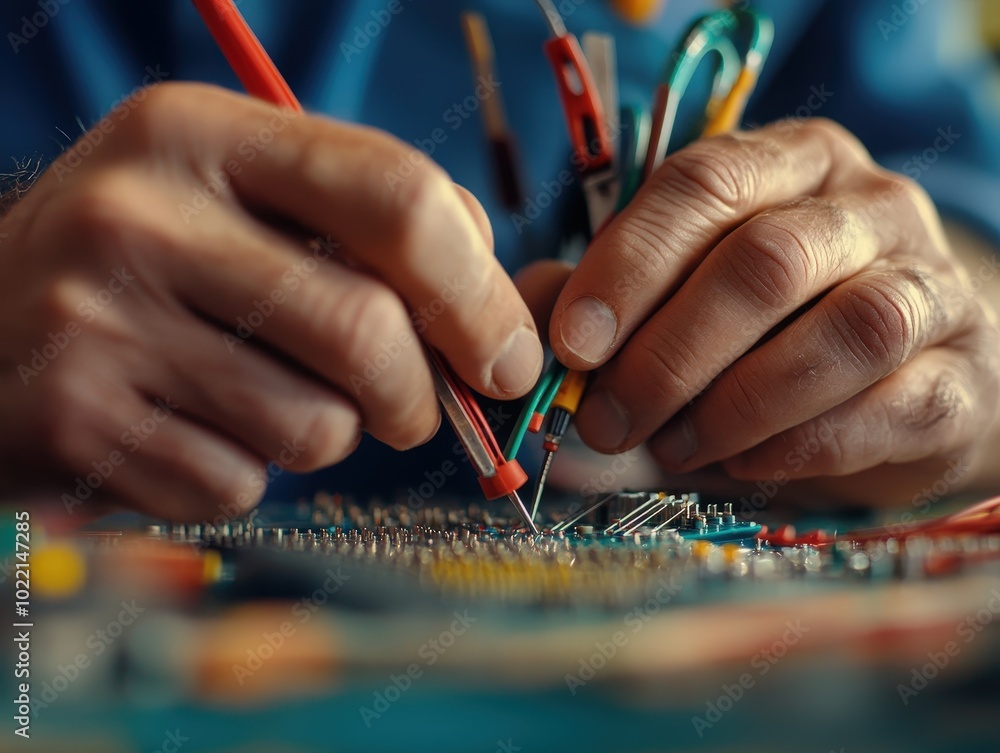A detailed shot of a technician’s hands manipulating various tools and components on an electronic board, emphasizing precision, focus, and innovative electronics work. A detailed shot of a technician’s hands manipulating various tools and components on an electronic board, emphasizing precision, focus, and innovative electronics work.